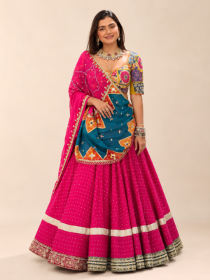 Fuchsia Pink Multicolour Patchwork Embroidered Lehenga Set with Contrast Dupatta