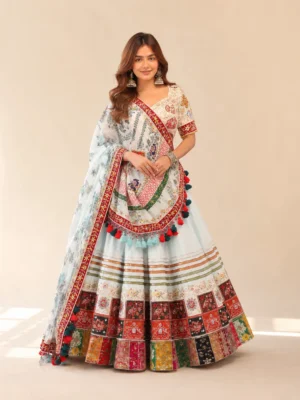 Ice Blue Multicolour Patchwork Embroidered Lehenga Set with Floral Dupatta