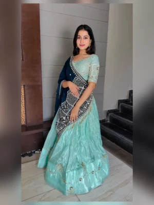 Mint Aqua Embroidered Lehenga Set with Navy Blue Statement Dupatta