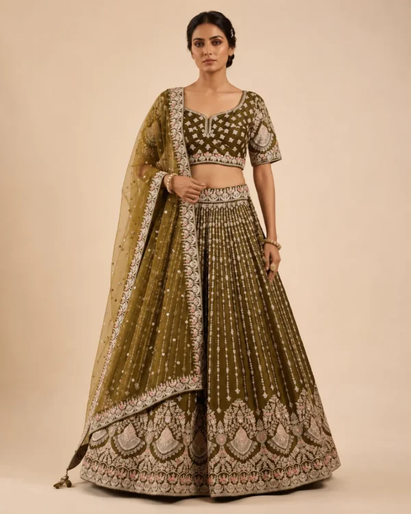 01-Vastram-Olive-Green-Silver-Embroidered-Lehenga-Set-Hero-Front