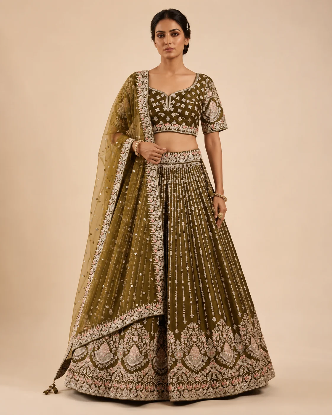 01-Vastram-Olive-Green-Silver-Embroidered-Lehenga-Set-Hero-Front