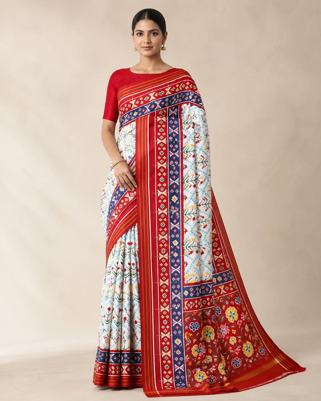 01-Vastram-Red-White-Multicolor-Patola-Print-Saree-Hero-Front