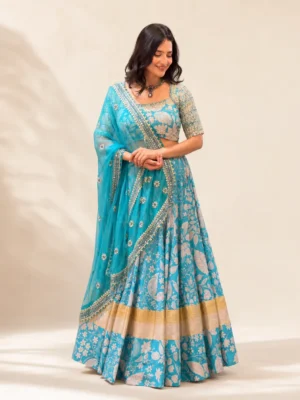 Turquoise Blue Floral Motif Lehenga Set with Embroidered Blouse and Sheer Dupatta