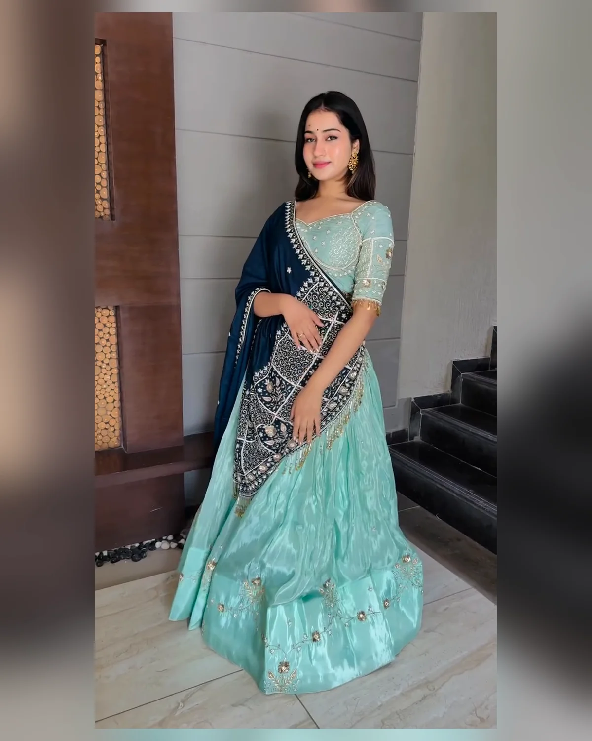 Mint Aqua Embroidered Lehenga Set with Navy Blue Statement Dupatta - Image 2