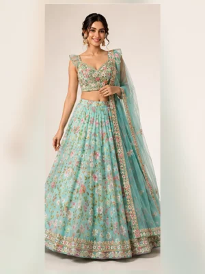 Pastel Aqua Floral Embroidered Lehenga Set with Ruffle-Sleeve Blouse and Sheer Dupatta