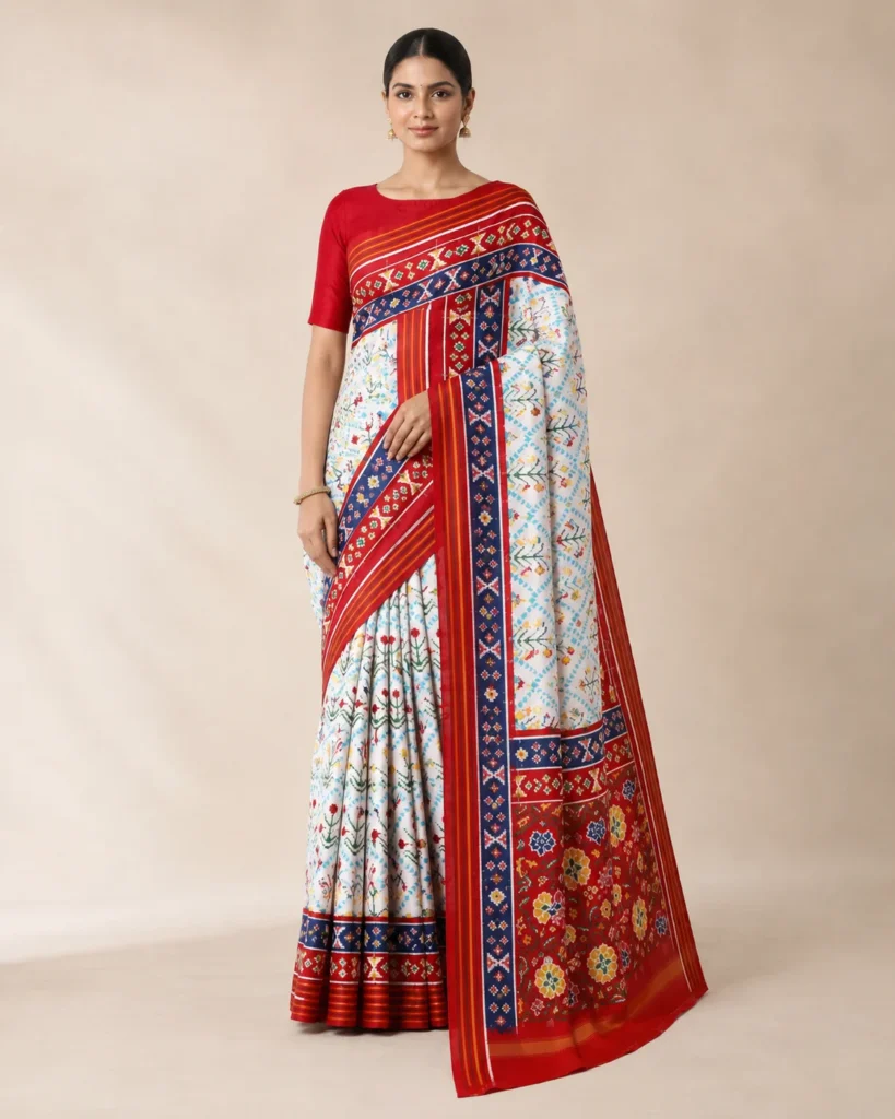02-Vastram-Red-White-Multicolor-Patola-Print-Saree-Full-Front-View