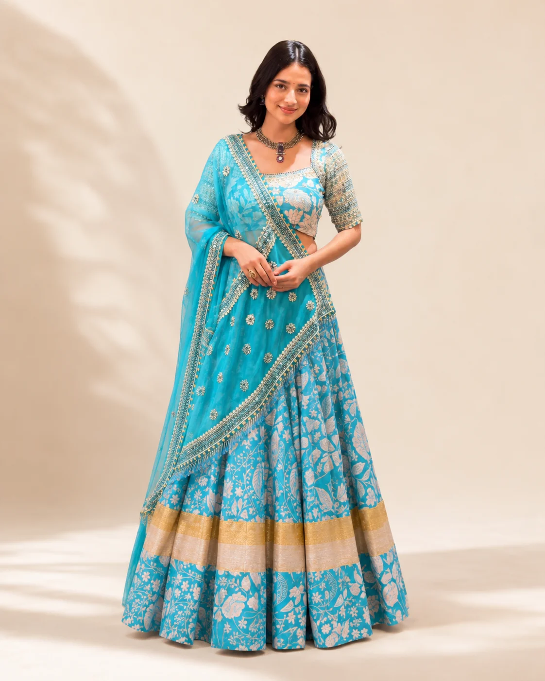 Turquoise Blue Floral Motif Lehenga Set with Embroidered Blouse and Sheer Dupatta - Image 2