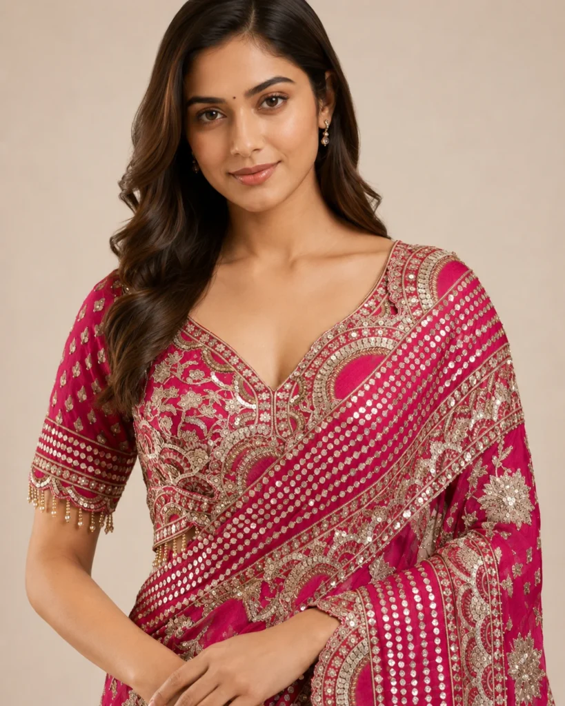 03-Vastram-Dark-Coral-Pink-Sequin-Embroidered-Saree-Blouse-Detail-Closeup