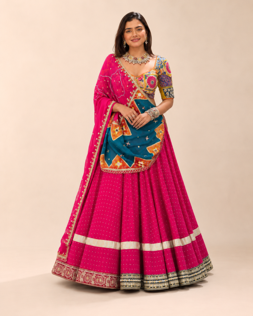 03-Vastram-Fuchsia-Multicolor-Patchwork-Lehenga-Set-Back-Flare-View