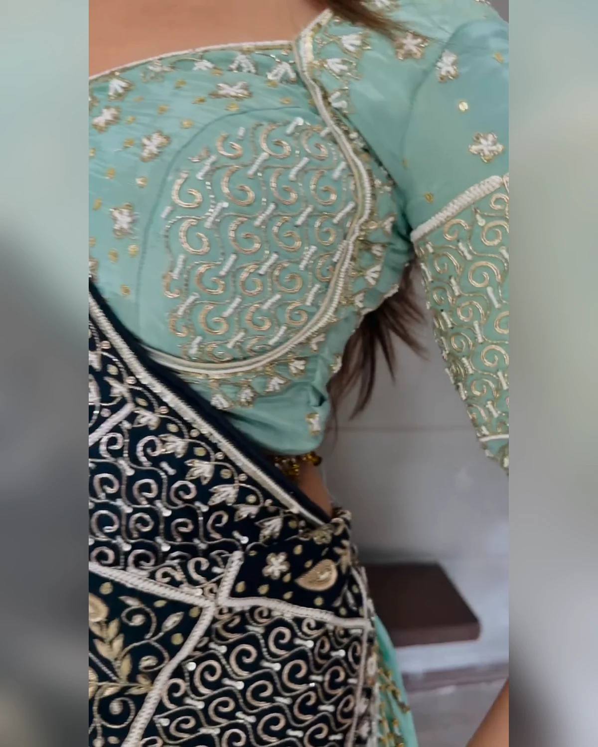 Mint Aqua Embroidered Lehenga Set with Navy Blue Statement Dupatta - Image 3