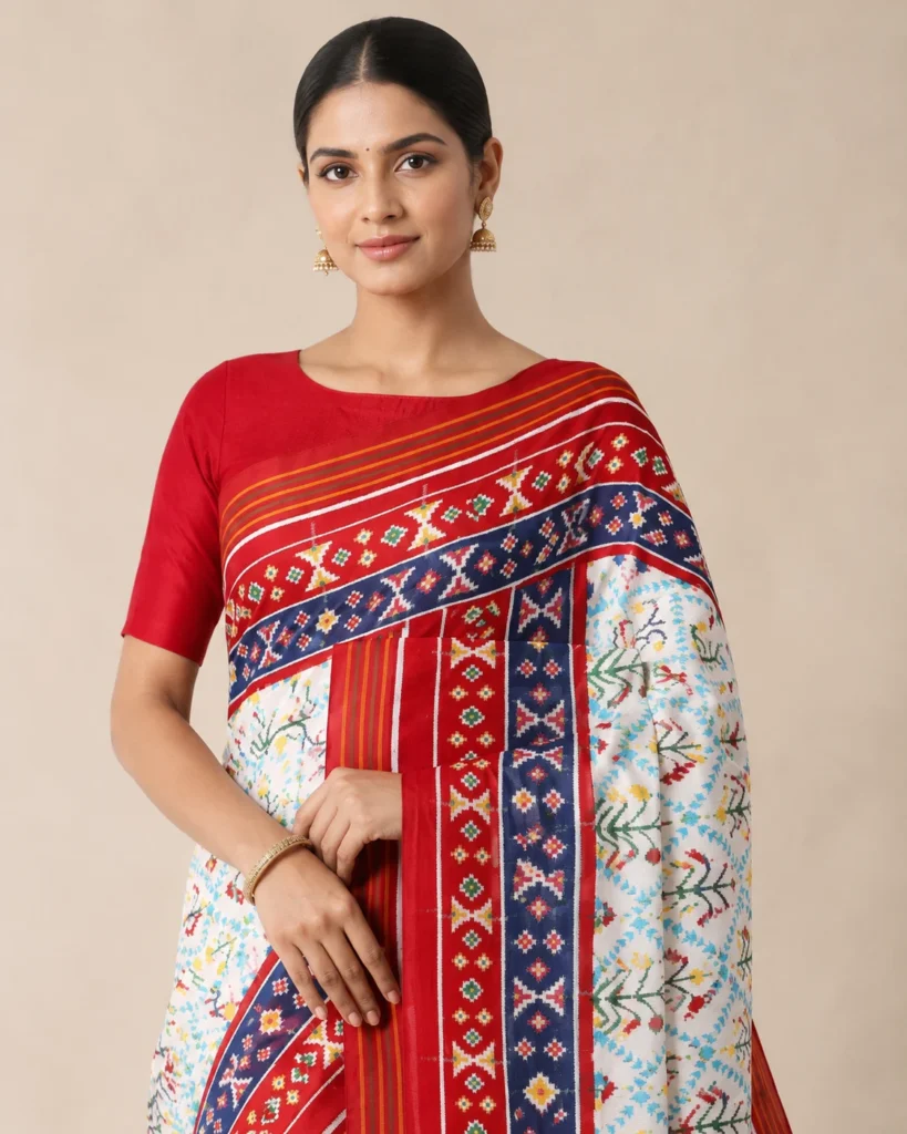 03-Vastram-Red-White-Multicolor-Patola-Print-Saree-Embroidery-Detail-Closeup