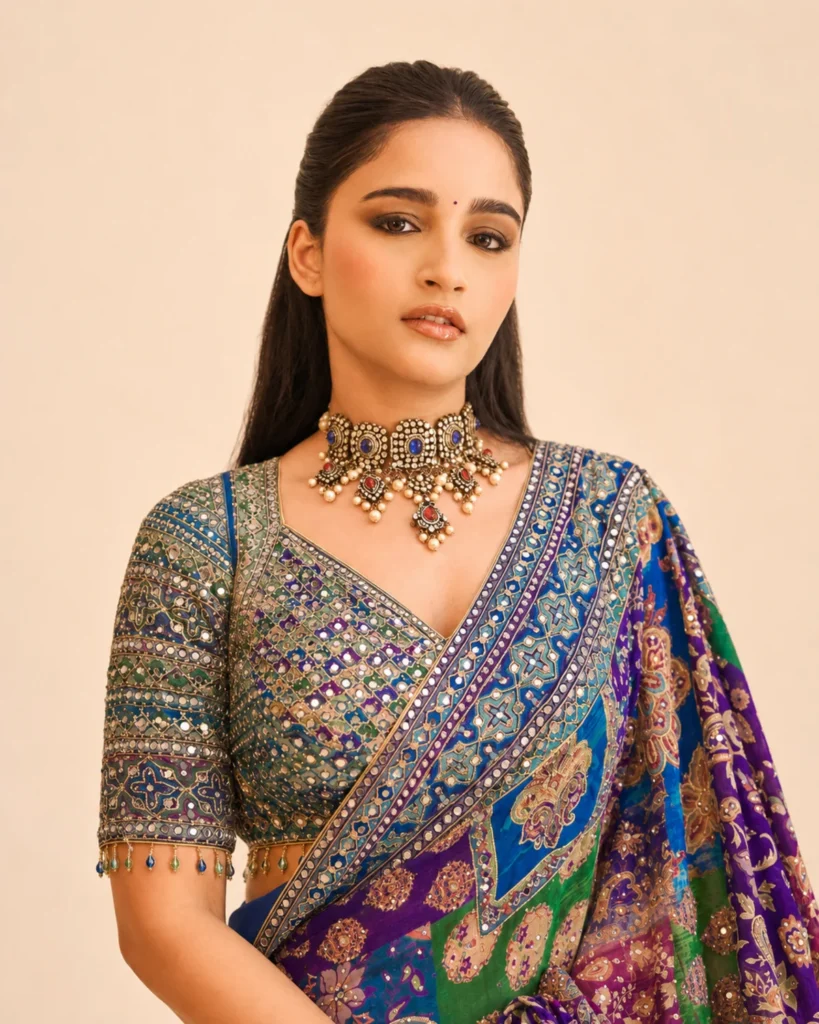 03-Vastram-Teal-Purple-Multicolor-Mirror-Work-Saree-Blouse-Detail-Closeup