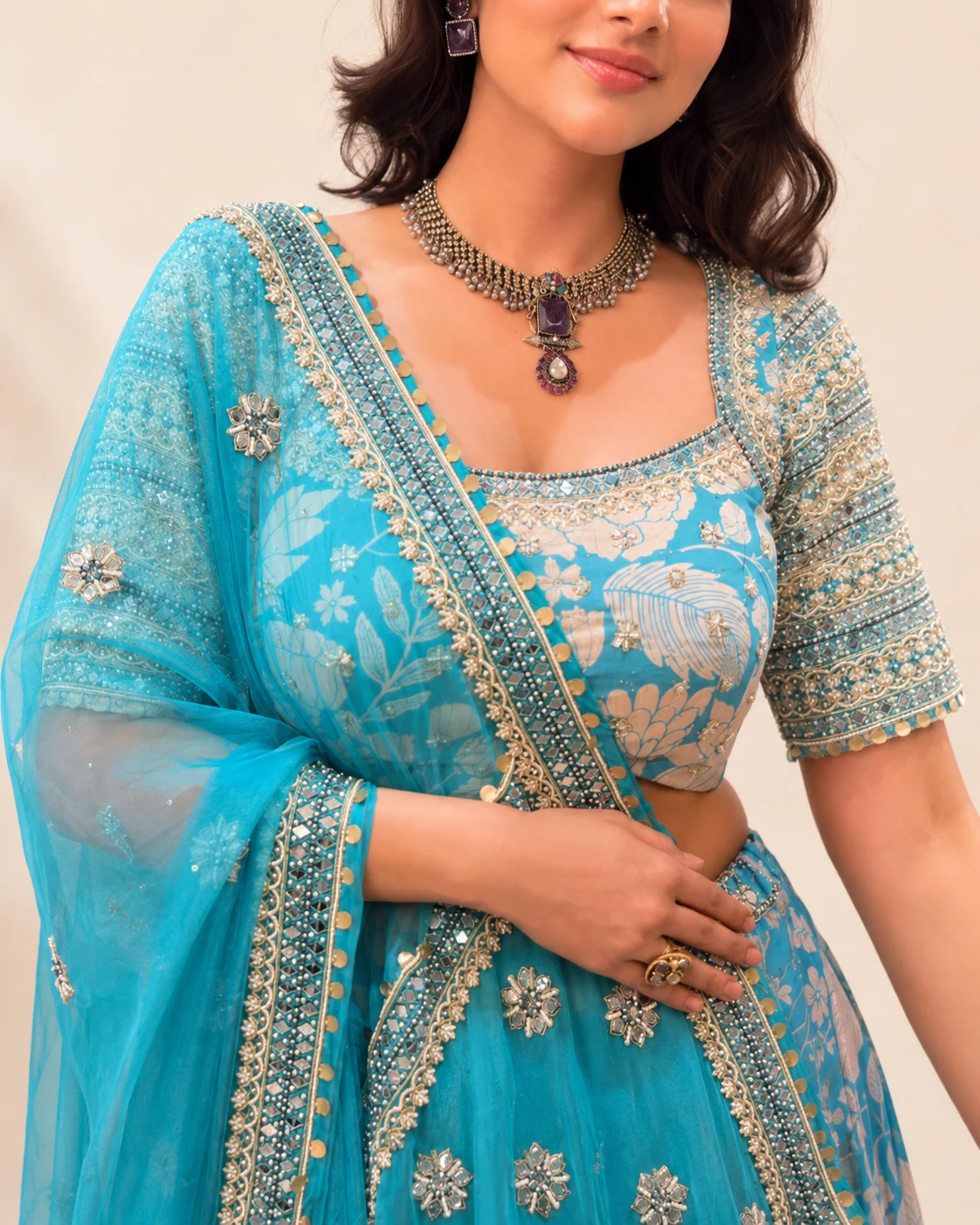 Turquoise Blue Floral Motif Lehenga Set with Embroidered Blouse and Sheer Dupatta - Image 3