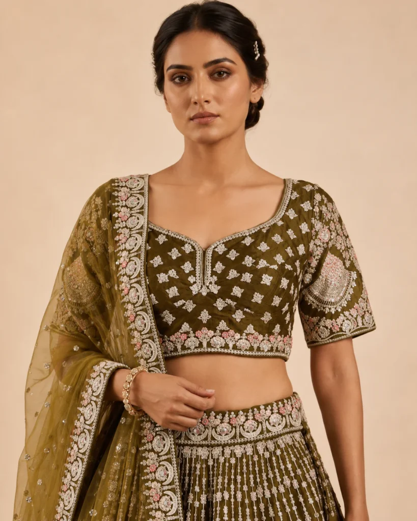 04-Vastram-Olive-Green-Silver-Embroidered-Lehenga-Set-Back-View