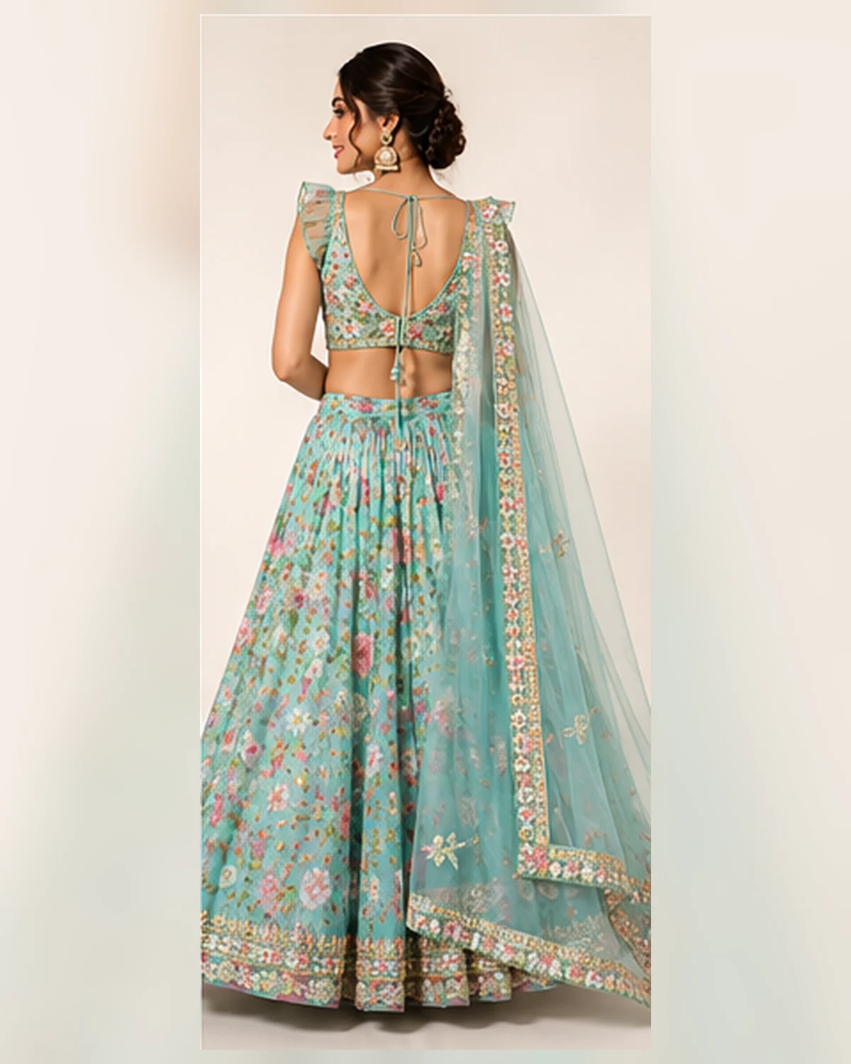 Pastel Aqua Floral Embroidered Lehenga Set with Ruffle-Sleeve Blouse and Sheer Dupatta - Image 3