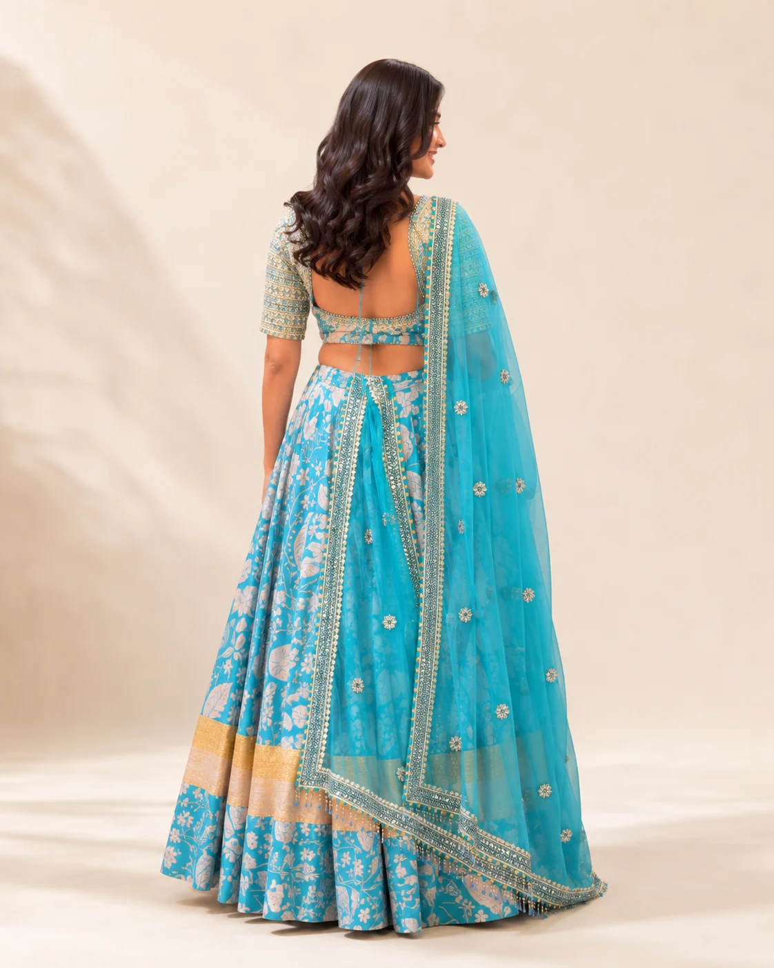 Turquoise Blue Floral Motif Lehenga Set with Embroidered Blouse and Sheer Dupatta - Image 4