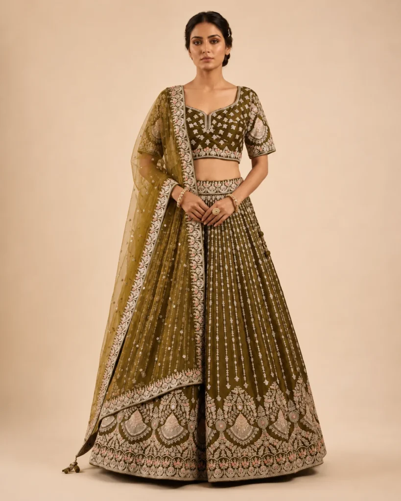 05-Vastram-Olive-Green-Silver-Embroidered-Lehenga-Set-Side-Profile