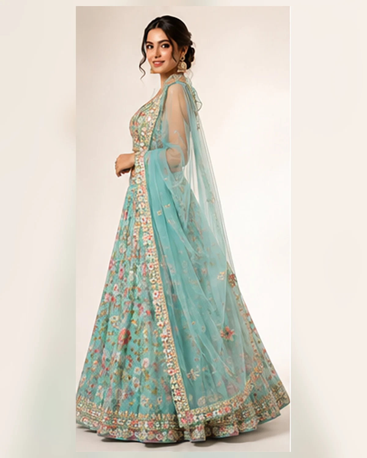 Pastel Aqua Floral Embroidered Lehenga Set with Ruffle-Sleeve Blouse and Sheer Dupatta - Image 4
