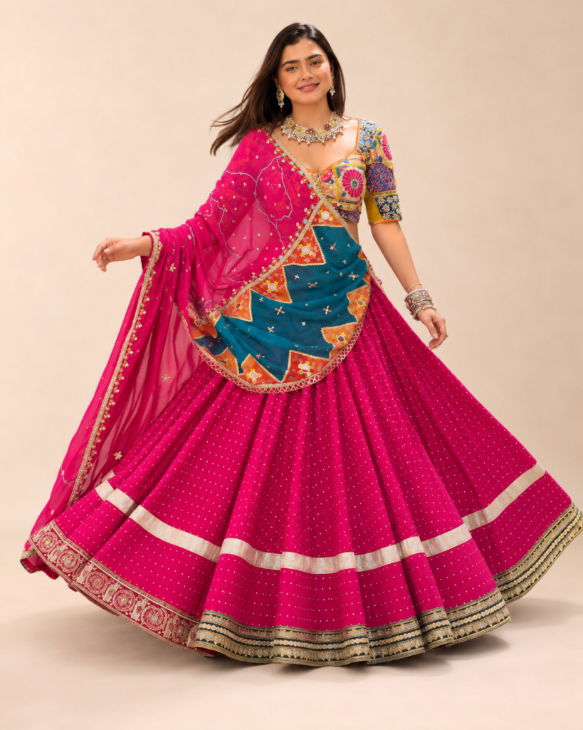 06-Vastram-Fuchsia-Multicolor-Patchwork-Lehenga-Set-Front-Flare-View