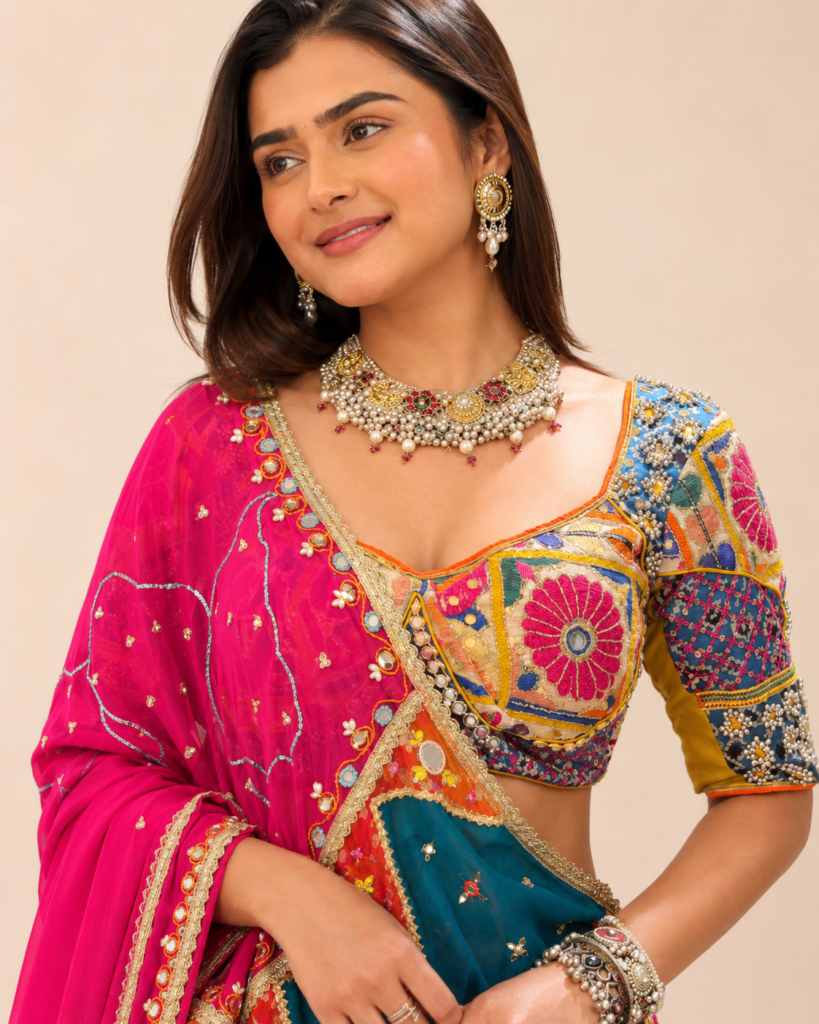 07-Vastram-Fuchsia-Multicolor-Patchwork-Lehenga-Set-Elegant-Product-Pose