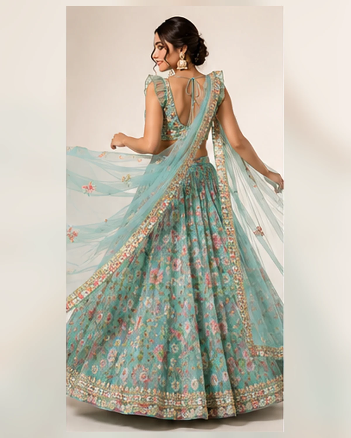 Pastel Aqua Floral Embroidered Lehenga Set with Ruffle-Sleeve Blouse and Sheer Dupatta - Image 6