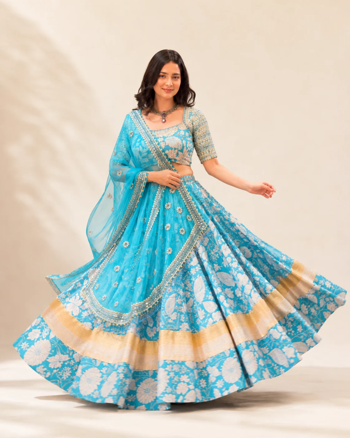 Turquoise Blue Floral Motif Lehenga Set with Embroidered Blouse and Sheer Dupatta - Image 7