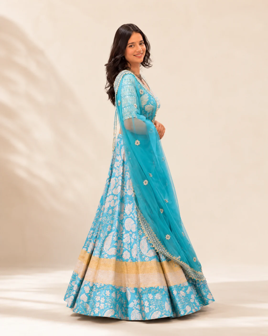 Turquoise Blue Floral Motif Lehenga Set with Embroidered Blouse and Sheer Dupatta - Image 8